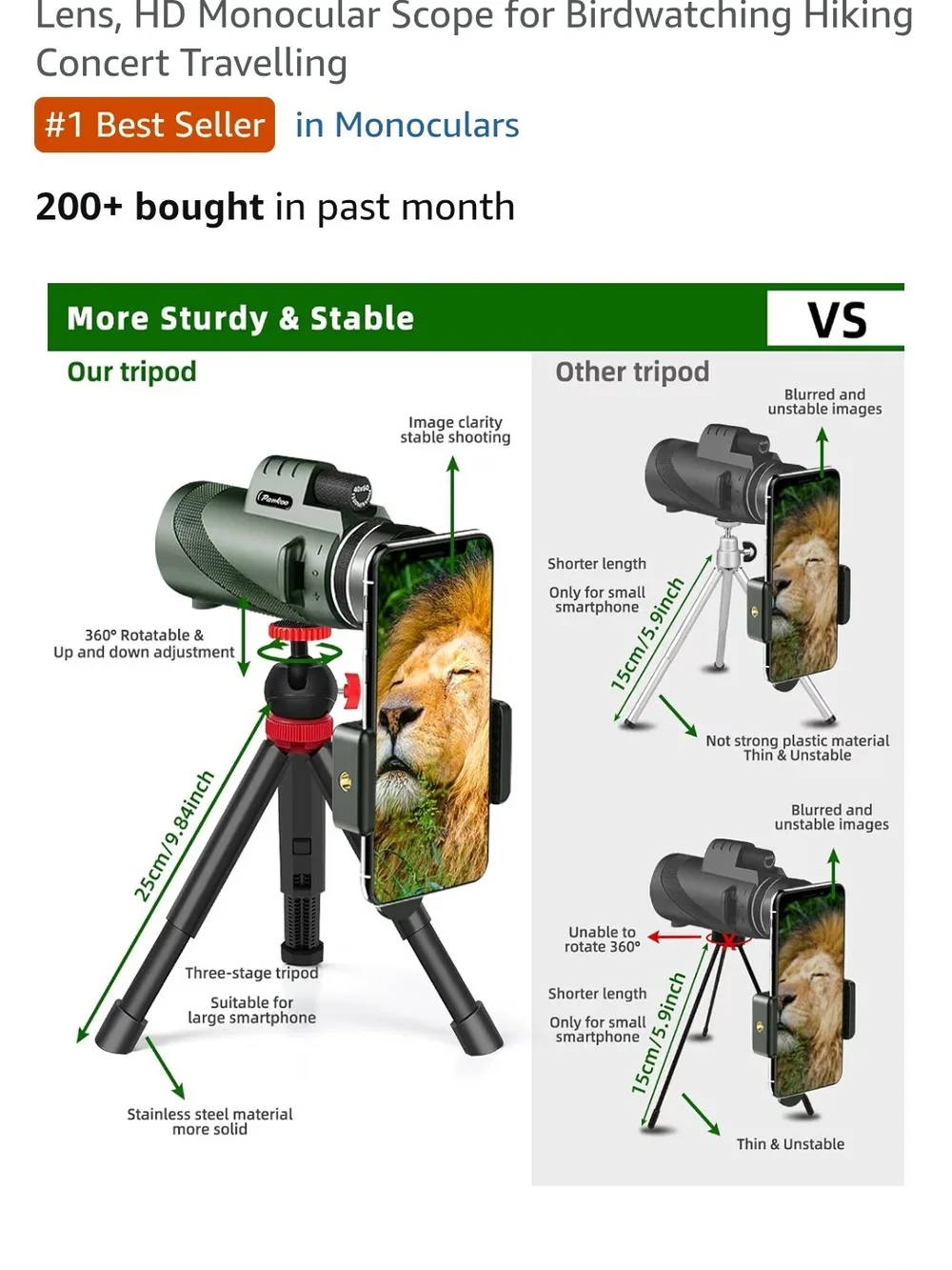Black HD Monocular Telescope for Birdwatching & Hiking